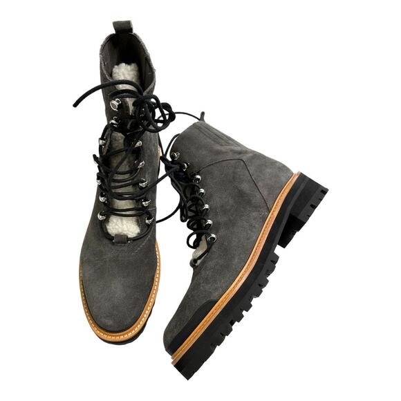 Marc Fisher Izzie Grey Suede Shearling Lace-Up Lug Sole Boots Size 9.5 - Picture 1 of 11